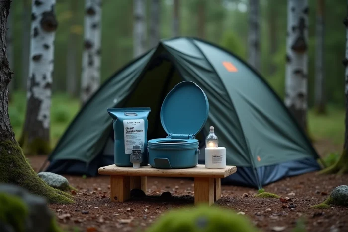 Kit de toilettes portables pour camping de nuit posé sur un tabouret en bois en forêt