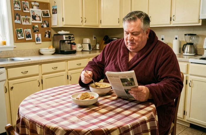 Homme d'âge mûr en robe de chambre bordeaux attablé dans une cuisine de banlieue américaine des années 90, mangeant des céréales et lisant un journal