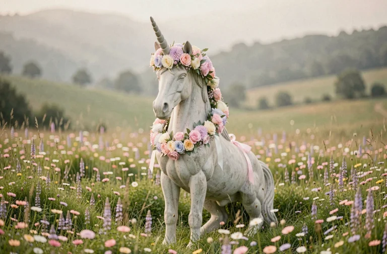 Statue de licorne grandeur nature décorée de fleurs pastel dans une prairie féerique et bucolique