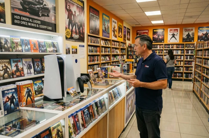 Employé Micromania présentant une PS5 en location à un client dans un magasin de jeux vidéo