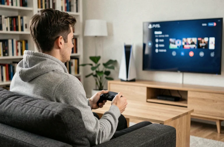 Jeune homme jouant sur PS5 en location dans un salon moderne avec manette DualSense
