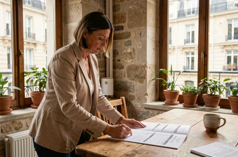 Femme consultant des documents immobiliers dans un appartement lyonnais avec vue sur rue haussmannienne