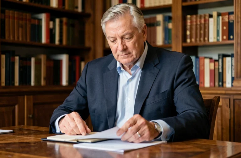 Portrait d'un homme élégant en costume marine assis à un bureau dans un appartement parisien, illustrant la vie privée de Marc de Chalvron