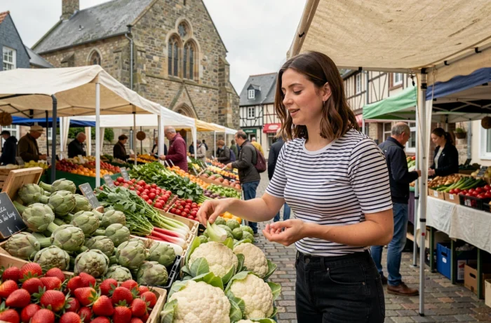 Femme bretonne faisant ses courses dans un marché local animé en Bretagne, avec des étals de légumes régionaux frais