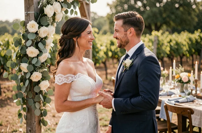 Couple de mariés partageant un moment intime devant un arc en bois fleuri dans un vignoble lors de leur réception de mariage en plein air