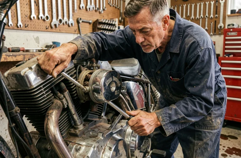 Mécanicien inspectant le moteur 103 cubic inch d'une Harley-Davidson dans un atelier vintage