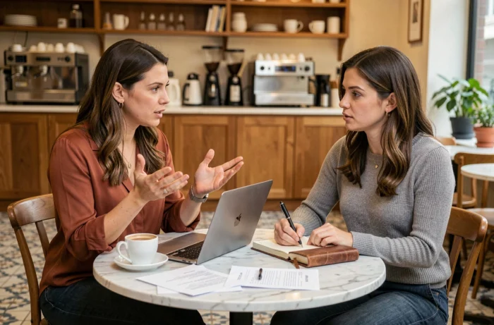Deux femmes entrepreneuses en discussion autour d'un projet dans un café, dans un contexte de mentorat féminin