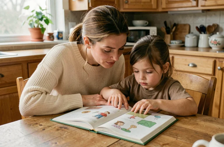 Mère et fille lisant ensemble un livre illustré à la table de cuisine, moment de partage familial chaleureux