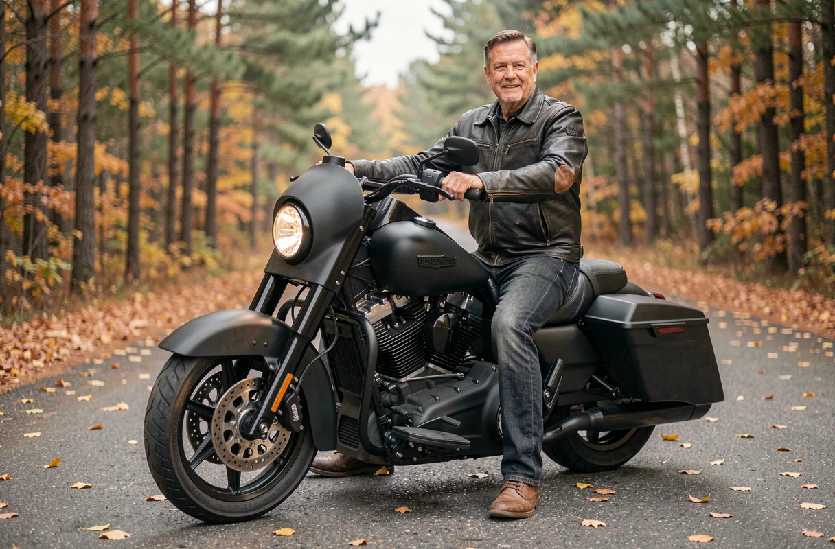 Motard sur une Harley-Davidson avec moteur 103 sur une route forestière en automne