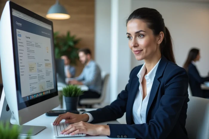 Femme professionnelle naviguant sur un site de formation en ligne dans un bureau moderne