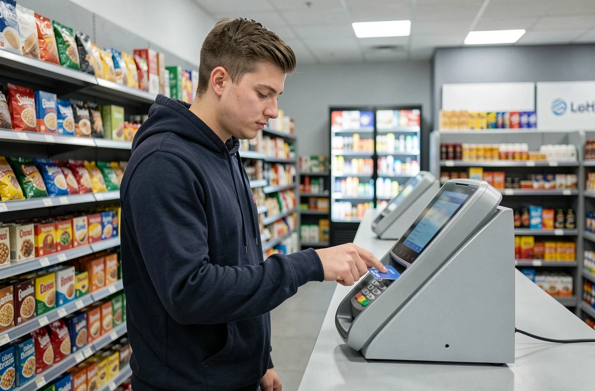 Jeune homme utilisant une carte prépayée sur un terminal de paiement sans contact en magasin
