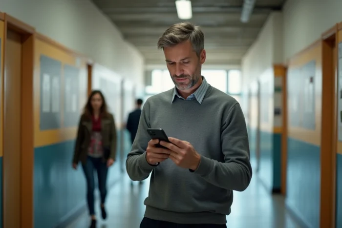 Enseignant masculin paramétrant un compte email Zimbra de l'académie de Poitiers sur un iPhone dans un couloir scolaire