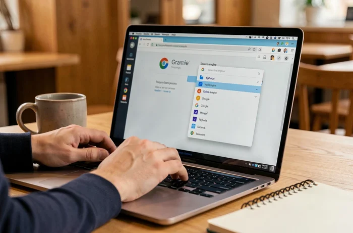 Gros plan sur les mains d'un utilisateur modifiant les paramètres du moteur de recherche Yahoo dans Chrome sur MacBook dans un café