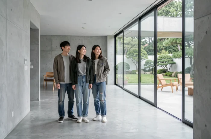 Famille coréenne de quatre personnes en vêtements ordinaires debout dans le hall d'entrée d'un manoir moderne minimaliste aux sols en béton poli et baies vitrées