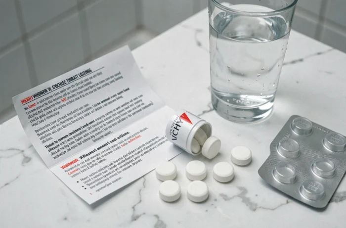 Pastilles Vichy avec notice d'utilisation et avertissements posées sur un comptoir en marbre blanc dans une salle de bain