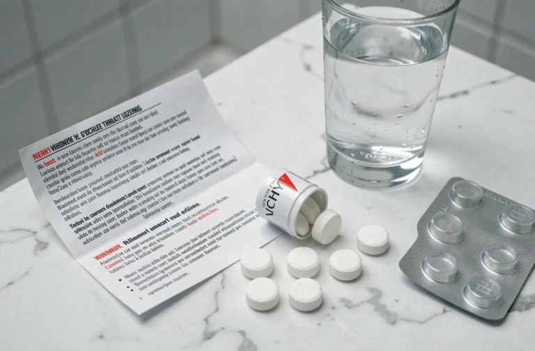 Pastilles Vichy avec notice d'utilisation et avertissements posées sur un comptoir en marbre blanc dans une salle de bain
