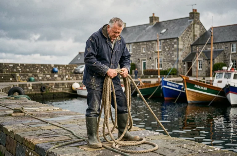 Pêcheur breton en ciré marine sur le quai d'un port traditionnel en Bretagne, illustrant les activités maritimes locales