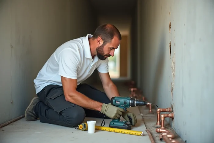 Technicien perçant un mur intérieur pour le passage des tuyaux en cuivre lors de l'installation d'une climatisation