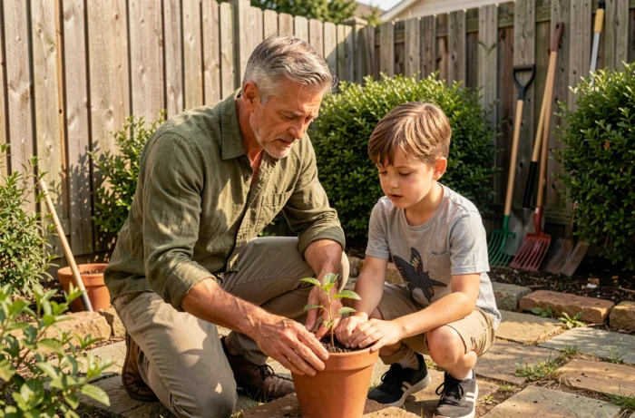 Père et fils explorant ensemble le jardinage dans un jardin familial, activité éducative en plein air