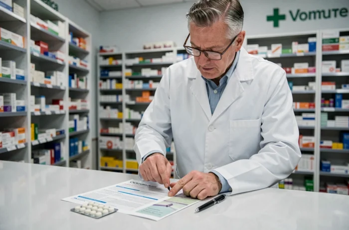 Apotheker legt de contra-indicaties van Vichy-tabletten uit aan een apotheekbalie met een geopende medische bijsluiter