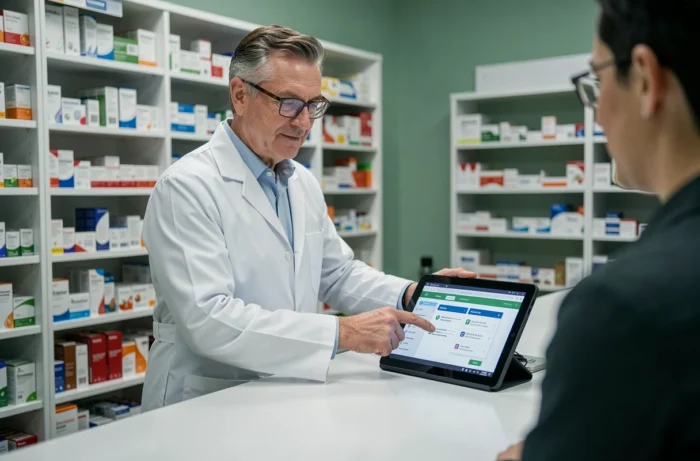 Pharmacien expliquant des informations de santé fiables sur une tablette numérique en officine