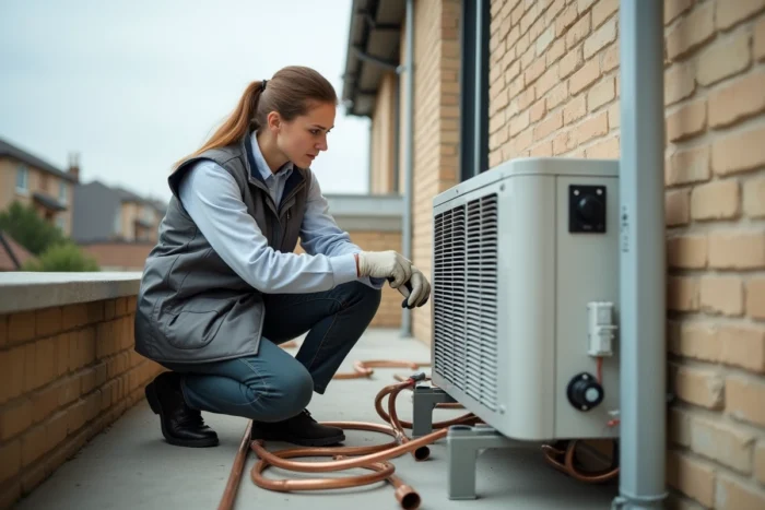 Technicienne positionnant une unité extérieure de climatisation contre un mur de brique sur une terrasse résidentielle