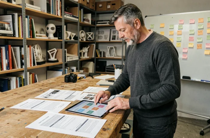 Professionnel créatif analysant des outils de planification de projet dans un studio de design