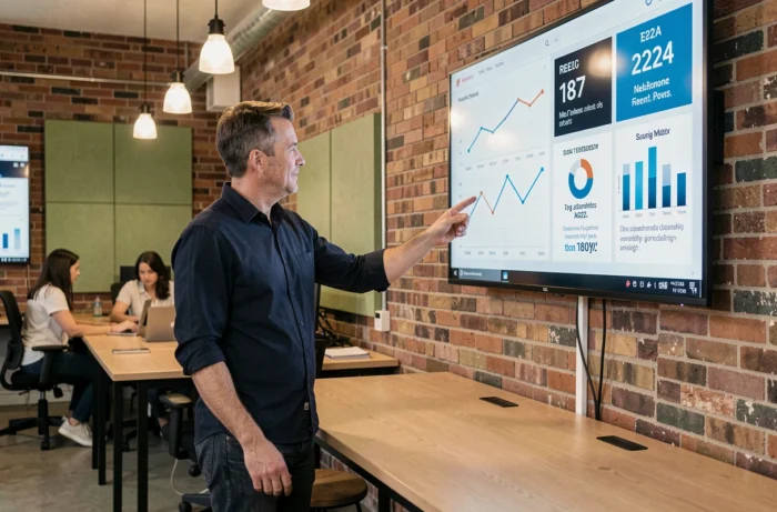 Professionnel présentant les actualités et tendances du web 2024 dans un espace de coworking