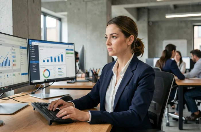 Professionnelle utilisant des outils numériques de gestion de projet sur double écran dans un bureau moderne