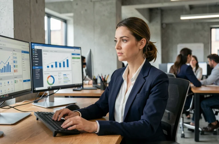 Professionnelle utilisant des outils numériques de gestion de projet sur double écran dans un bureau moderne