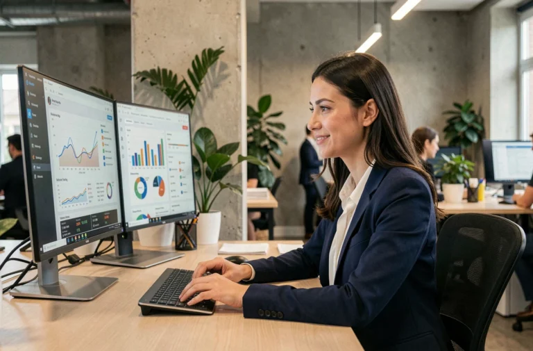 Professionnelle en marketing digital analysant des tableaux de bord en temps réel dans un espace de coworking moderne