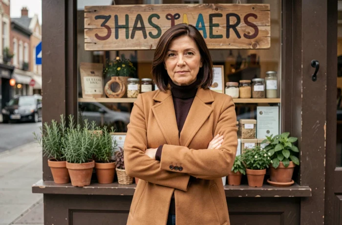 Femme propriétaire d'une petite boutique artisanale posant fièrement devant son commerce