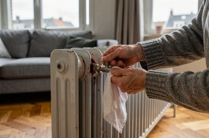 Femme purgeant un radiateur dans un appartement de Bruxelles pour optimiser le chauffage