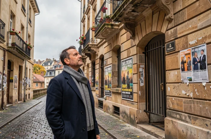 Homme observant une façade typique du quartier Croix-Rousse à Lyon en automne