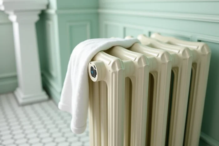 Gros plan sur les colonnes en fonte d'un radiateur électrique blanc de style victorien dans une salle de bain carrelée