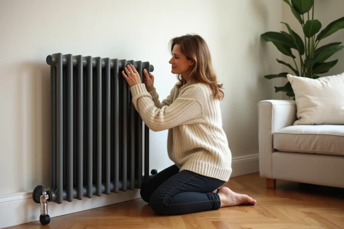 Femme réglant le thermostat d'un radiateur en fonte électrique anthracite dans un salon décoré avec goût