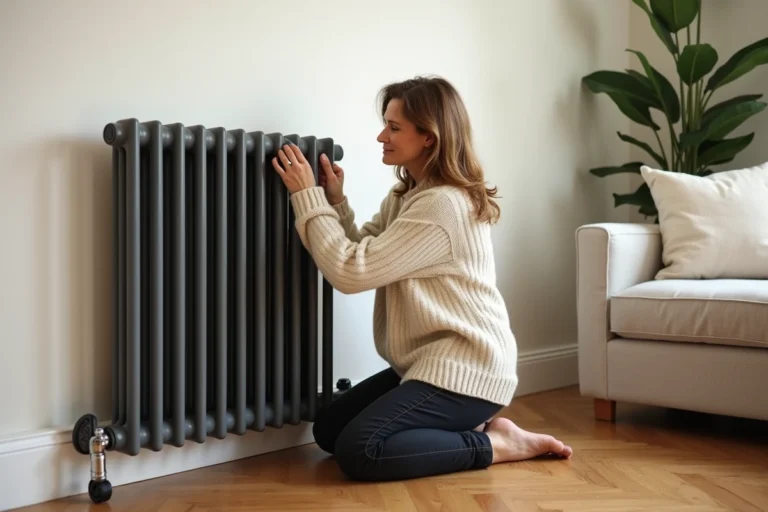 Femme réglant le thermostat d'un radiateur en fonte électrique anthracite dans un salon décoré avec goût