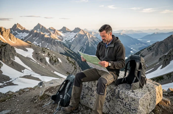 Randonneur consultant une carte topographique au col du massif des Pérics avec panorama montagneux en arrière-plan