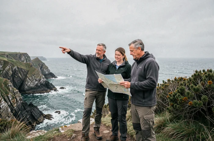Groupe de randonneurs adultes consultant une carte sur les falaises du sentier côtier breton avec vue sur l'Atlantique