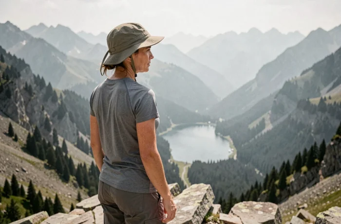 Femme randonneuse au belvédère avec vue panoramique sur la vallée et le lac alpin du massif des Pérics