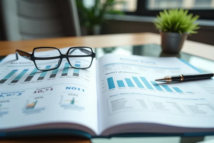 Rapport annuel d'entreprise ouvert présentant des graphiques de rémunération et des données salariales de direction sur un bureau en verre