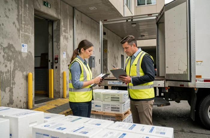 Deux professionnels de la logistique pharmaceutique réceptionnant des médicaments réfrigérés à quai de chargement d'un hôpital
