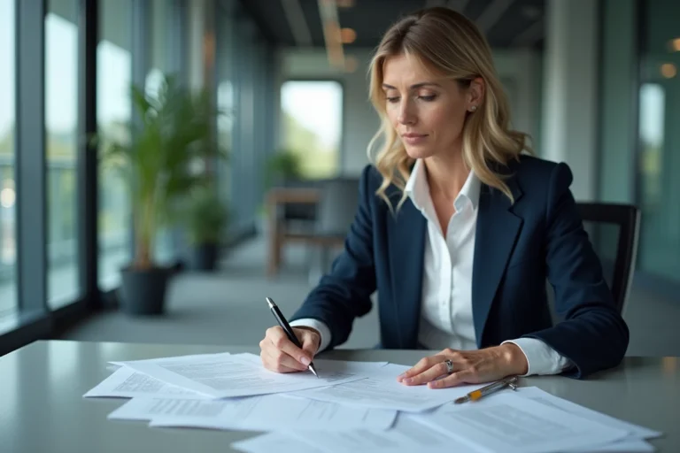 Responsable RH en blouse navy examinant un contrat de travail avec reprise d'ancienneté selon la CCN 51
