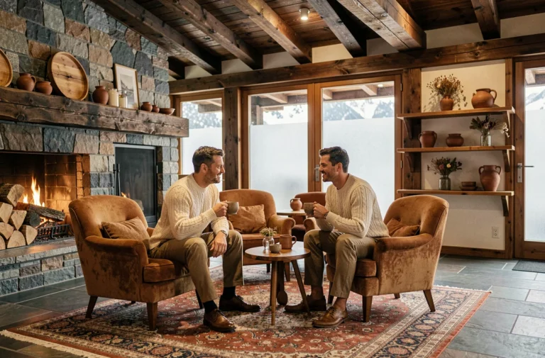 Couple se relaxant dans le salon chaleureux d'un hôtel chalet à Megève avec cheminée en pierre et poutres en bois