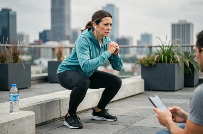 Femme suivant une séance de coaching sportif en ligne sur smartphone lors d'un entraînement sur une terrasse urbaine