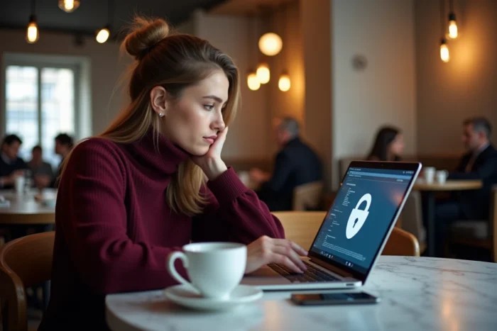 Jeune femme sécurisant sa connexion webmail via VPN dans un café branché à Lyon