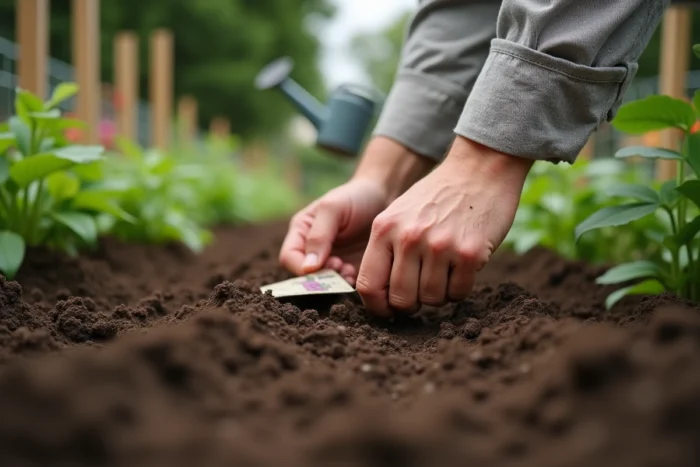 Gros plan de mains semant des graines dans un sol meuble dans un jardin partagé en été