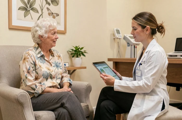Une femme âgée consulte une médecin dans un cabinet de santé moderne lors d'un bilan de bien-être pour seniors