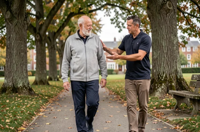 Un homme senior marche en extérieur dans un parc accompagné d'un kinésithérapeute lors d'une séance de rééducation