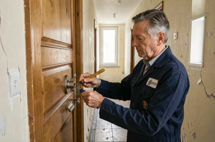 Serrurier professionnel installant une serrure haute sécurité sur une porte d'appartement en bois dans un immeuble parisien